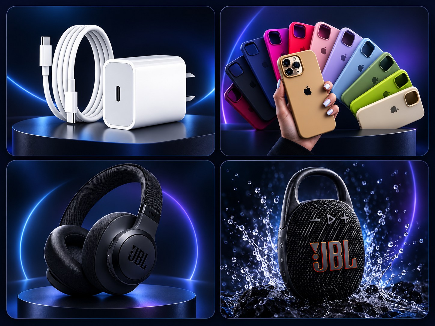 Phone accessories: charger, cases, headphones, speaker