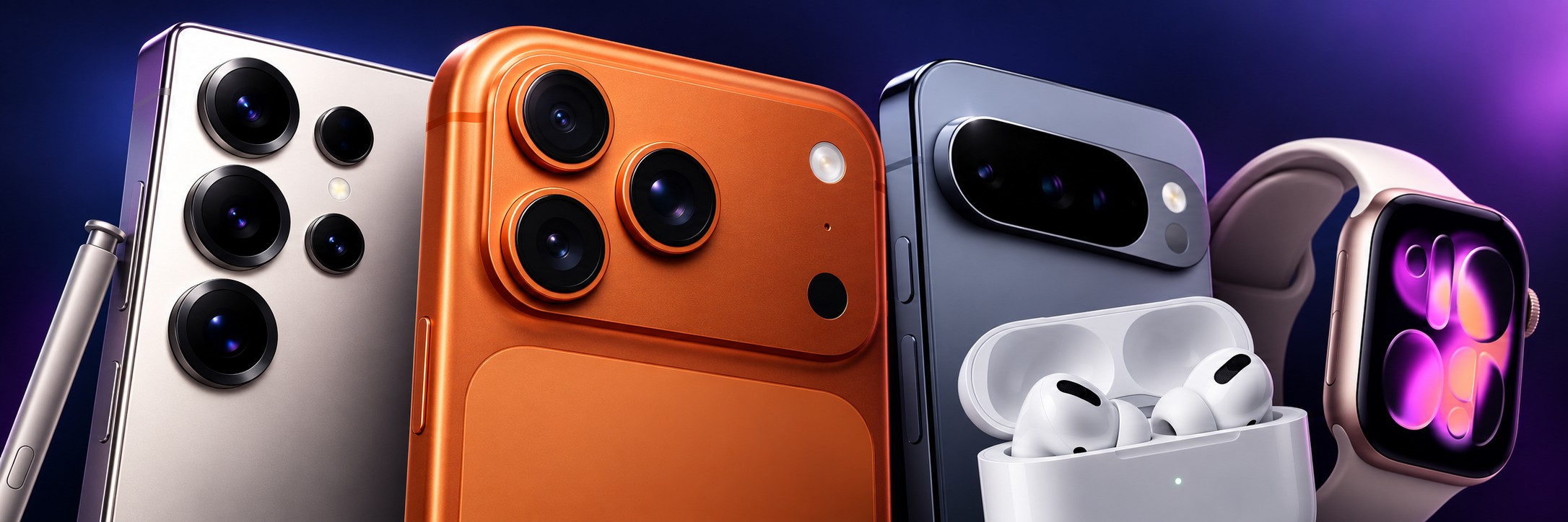 Samsung, orange iPhone, Google Pixel, AirPods and a smart watch